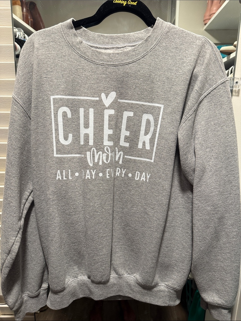 Source Unknown Gray Crewneck Sweatshirt with White Cheer Mom Graphic